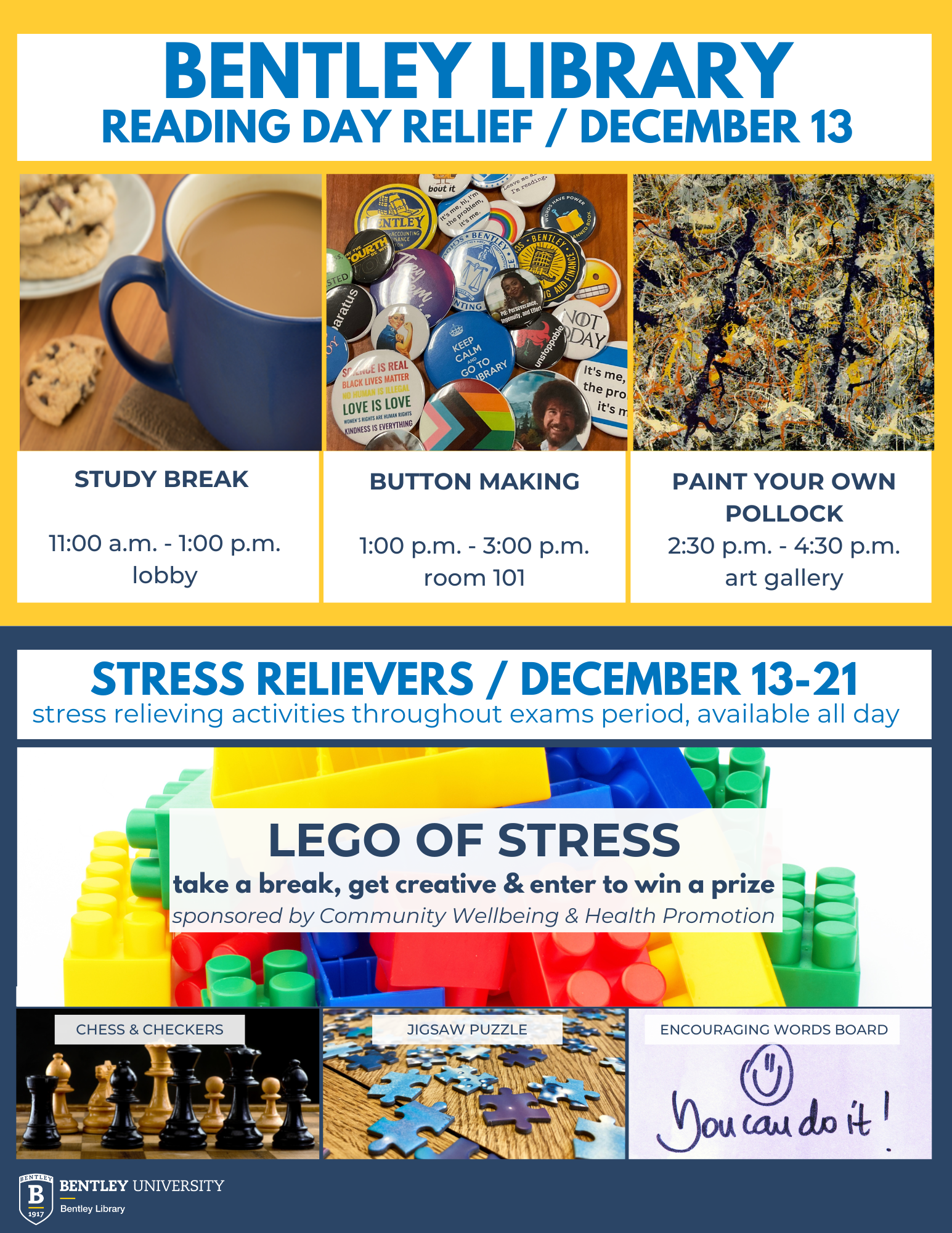 Flyer for event depicting images of activities being offered - coffee, buttons, Pollock painting, LEGO, chess, and puzzle pieces.