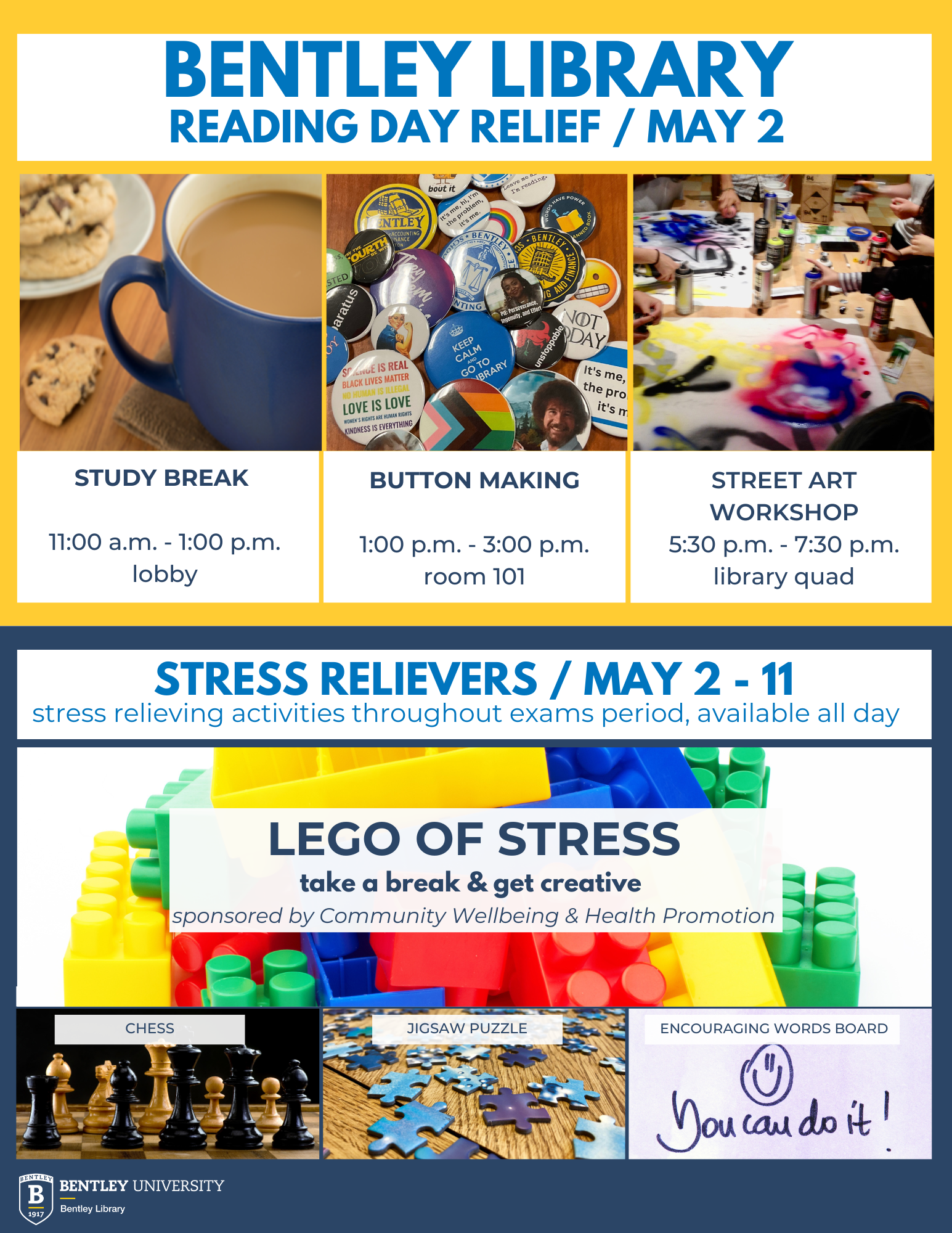 Flyer for event depicting images of activities being offered - coffee, buttons, street art workshop, LEGO, chess, and puzzle pieces.