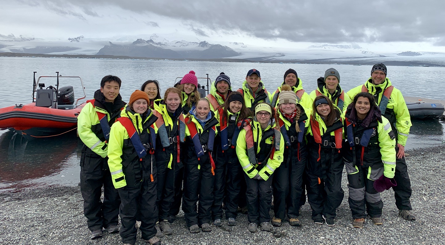 Bentley University students in front of a glacier in Iceland