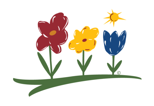 the logo for Art in Giving, with three flowers and the sun
