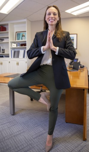 Bentley alumna Jen Palmer in a traditional tree pose
