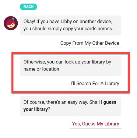 Libby Set Up Screen. Select "I'll Search For A Library" option.
