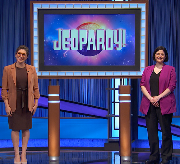 Molly with Mayim on the Jeopardy set