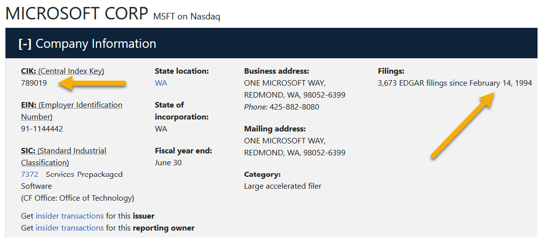 Microsoft Company Info from EDGAR