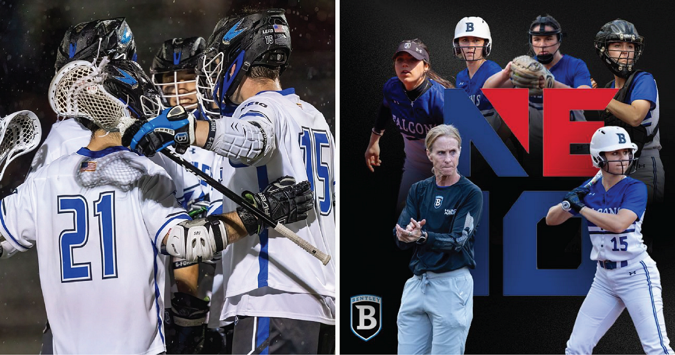 The lacrosse team huddles and a collage of the softball team