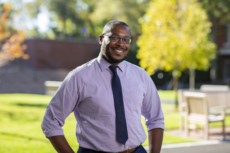 Patrick Hale outside on the Bentley campus