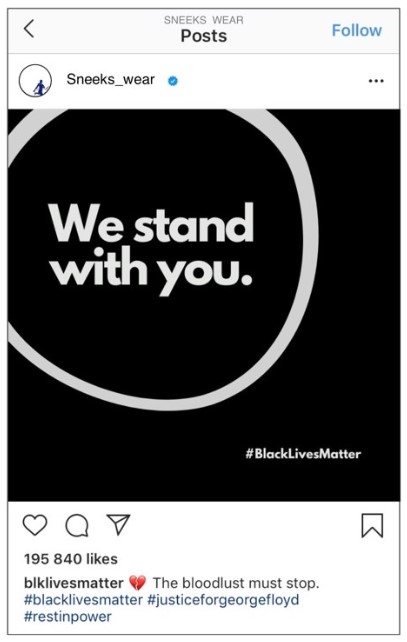 Blackout Tuesday social media post from fictional sneaker company with messages supporting the Black Lives Matter movement, including "We stand with you," "The bloodlust must stop,"  "Hashtag Justice for George Floyd" and "Hashtag Rest in Power."