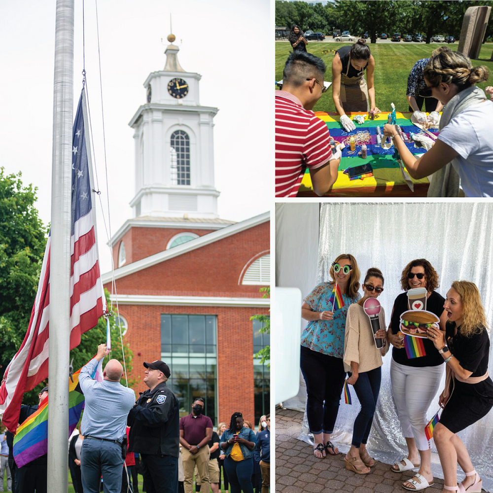 A collage of images from the pride flag raising and pride block party events