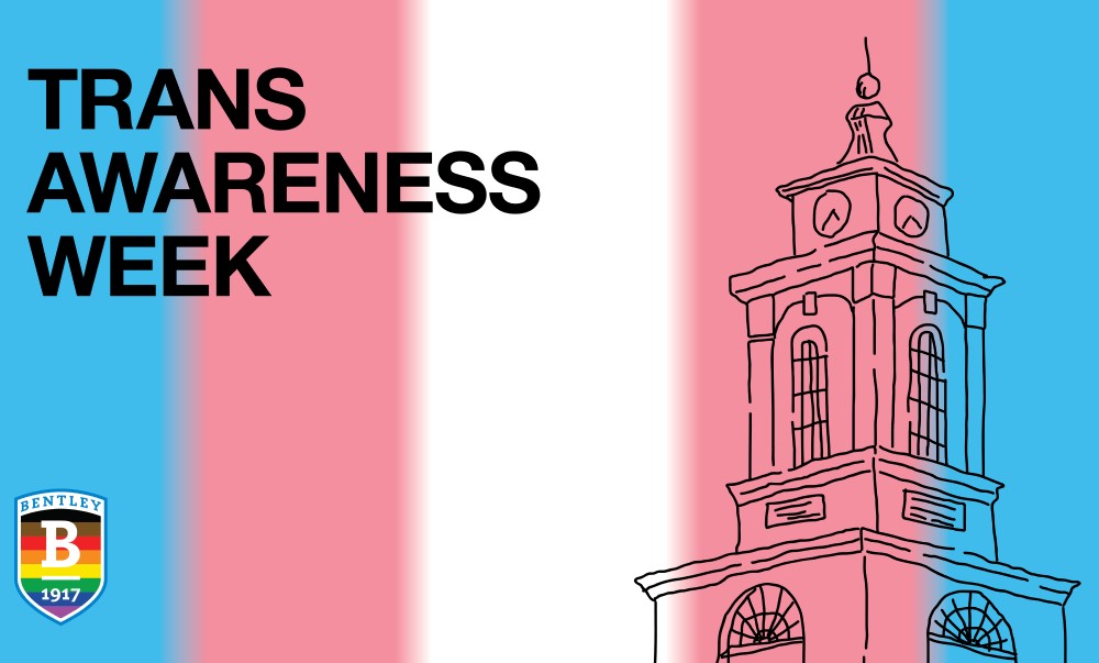 Pink, white and blue striped Trans Pride Flag overlaid with a sketch of the Bentley Library's bell tower and the words "Trans Awareness Week"
