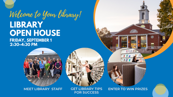 Open House flyer with event date and time and 4 pictures - library staff group photo, student in the stacks looking at books, student studying in a  study pod, and exterior of the library