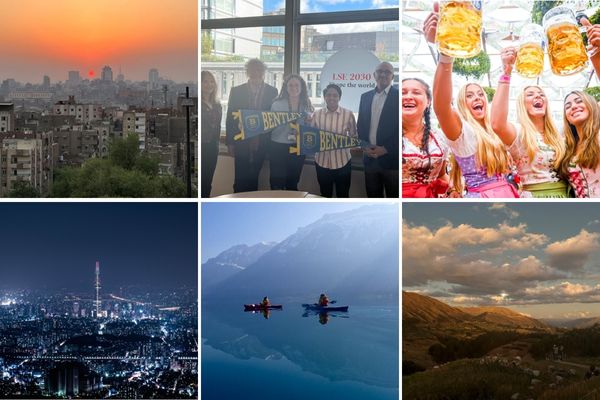 collage of the 6 winning photos - Cairo landscape at sunset; Bentley students posing with University President Chrite and others in London;  students dressed in traditional German garb hoisting beer steins in Munich, Germany; nighttime cityscape Seoul, South Korea, 2 kayakers on a lake in Interlaken, Switzerland; and mountain landscape in Cusco, Peru