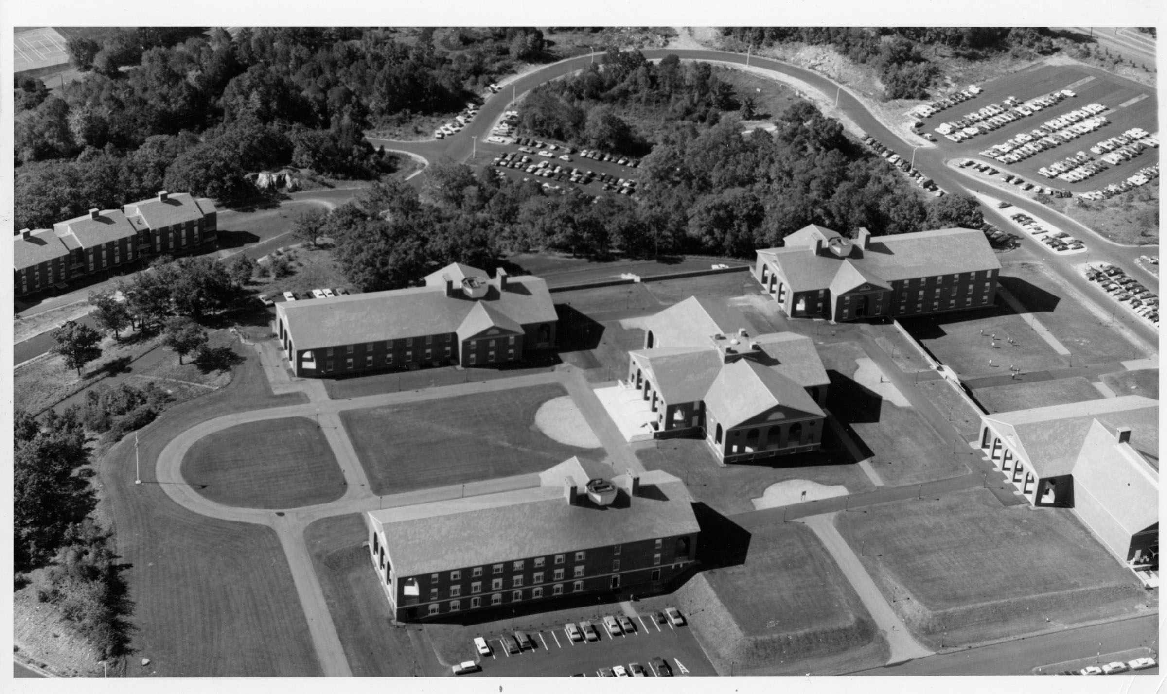 aerial photograph of Bentley campus shows library quad circa 1970