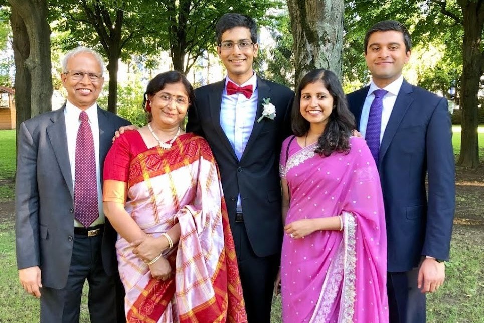 Professor Gujarathi with his family: wife Varsha, son Parag, daughter Prachee, and son-in-law Alex.