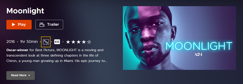 public performance rights icon displayed on the page for the film "Moonlight" on the Kanopy website