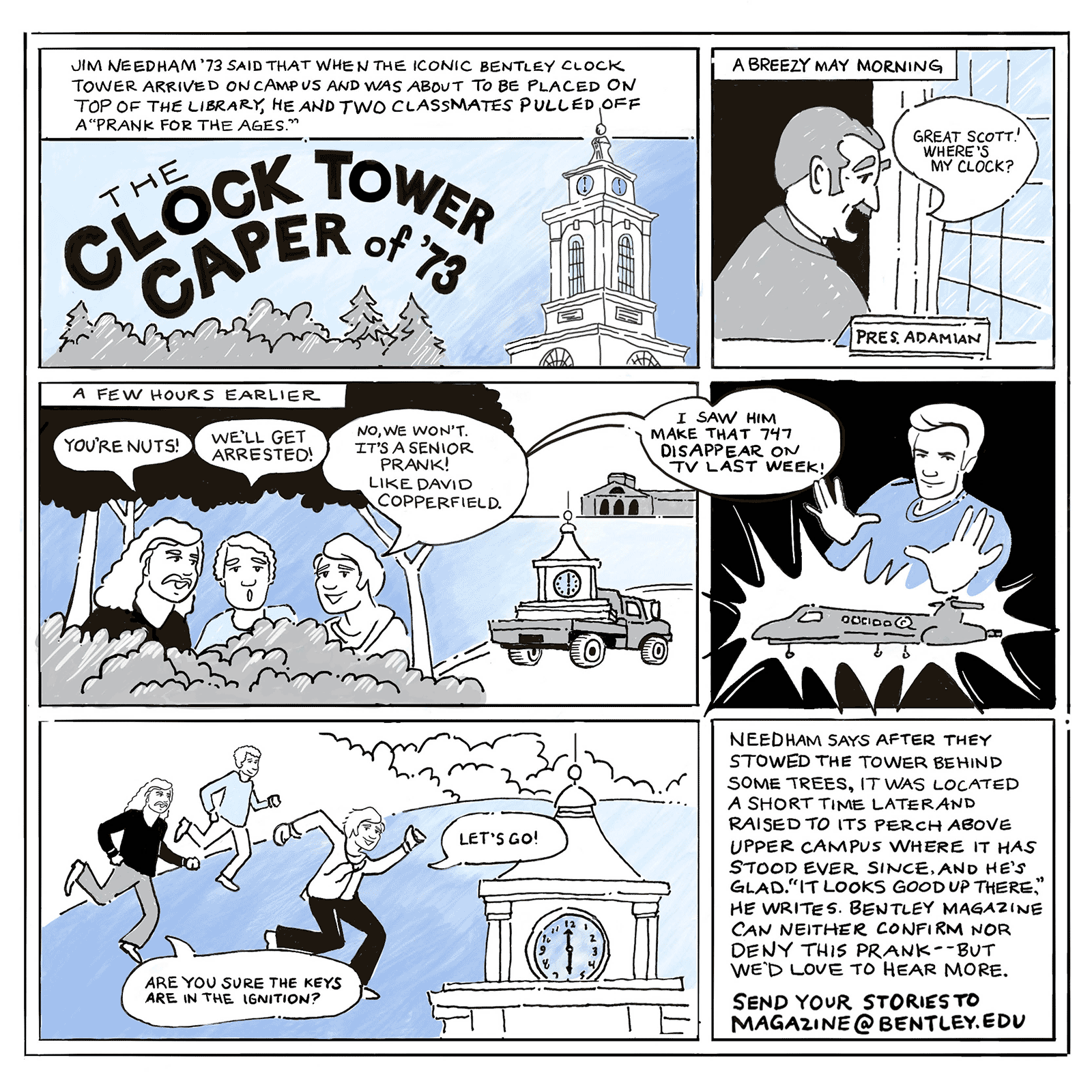 an illustrated comic titled The Clock Tower Caper of ’73