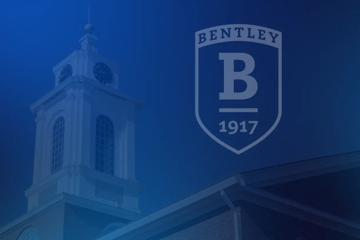Photo illustration featuring Bentley Library clock tower with blue overlay and white Bentley shield.
