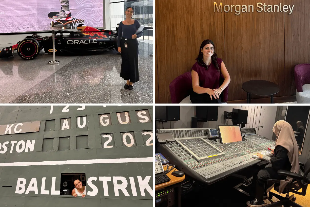 A photo collage of Bentley students during their summer internships at Oracle, Boston Red Sox, Morgan Stanley and GBH