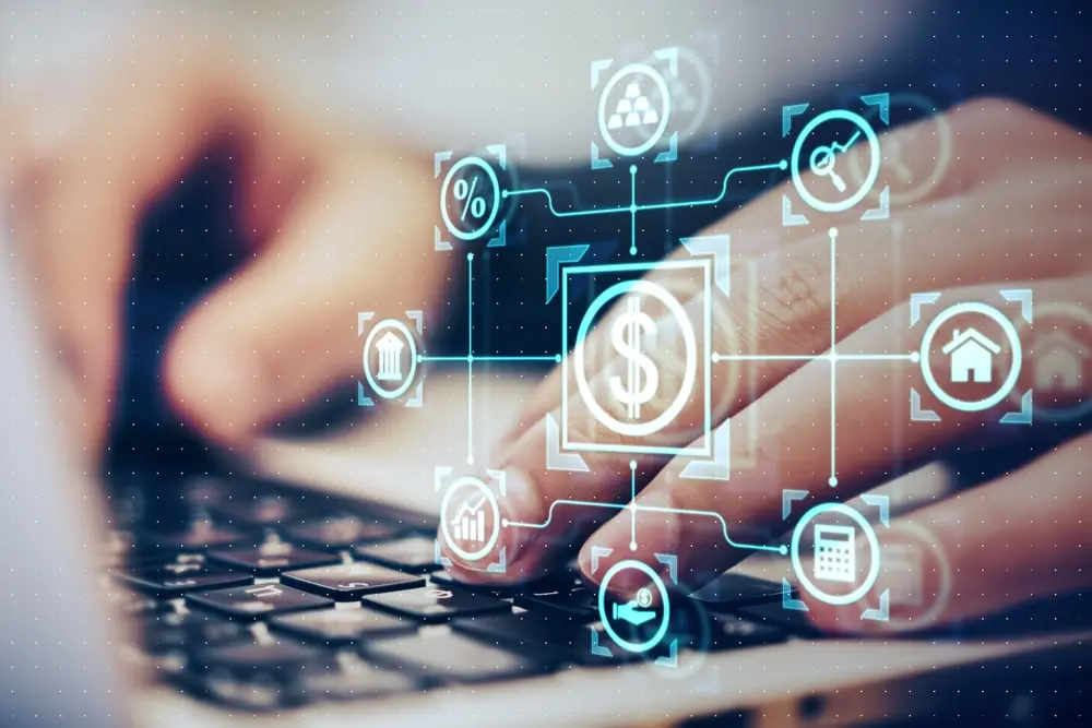 Finders doing a Fintech and Defi transaction on a keyboard