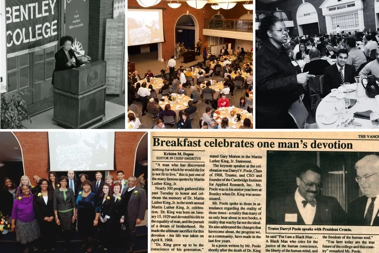 Collage of black and white and color photos from annual Bentley MLK celebration over 40 years including 