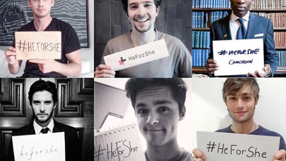Collage of men hold card show hashtag #HeForShe after taking the HeForShe committment