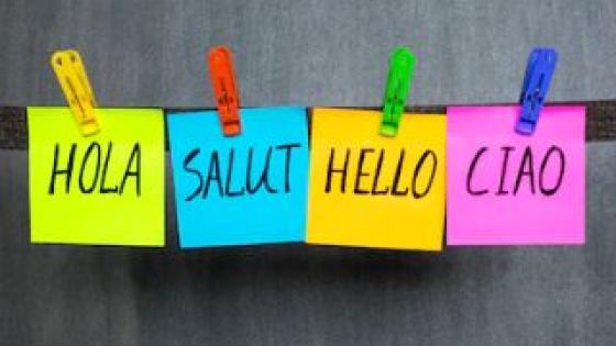 Colorful sticky notes with "hello" in English, Spanish, French and Italian