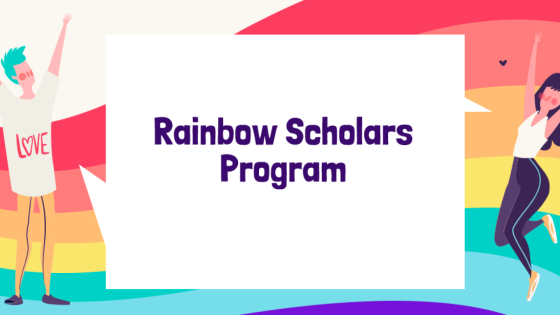 Image of two individuals jumping for joy next to a sign that reads "Rainbow Scholars Program"