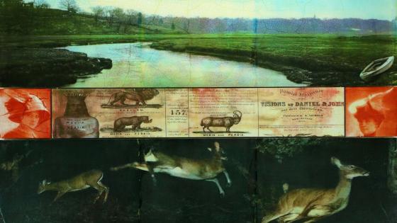 A collage of artwork showing a painted river
