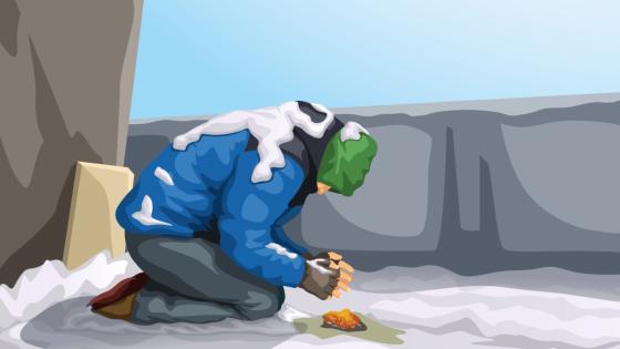 Illustration of homeless man in a snowy urban outdoor landscape, huddled over a small fire. 