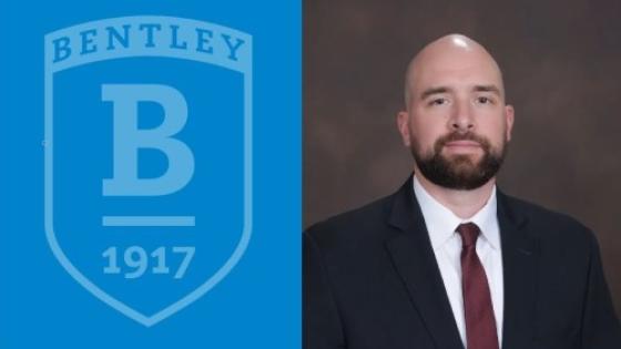 Composite photo featuring headshot of Jackson Lautier, wearing a white button-down shirt, red tie and black blazer, next to a Bentley shield logo in white on a blue background.