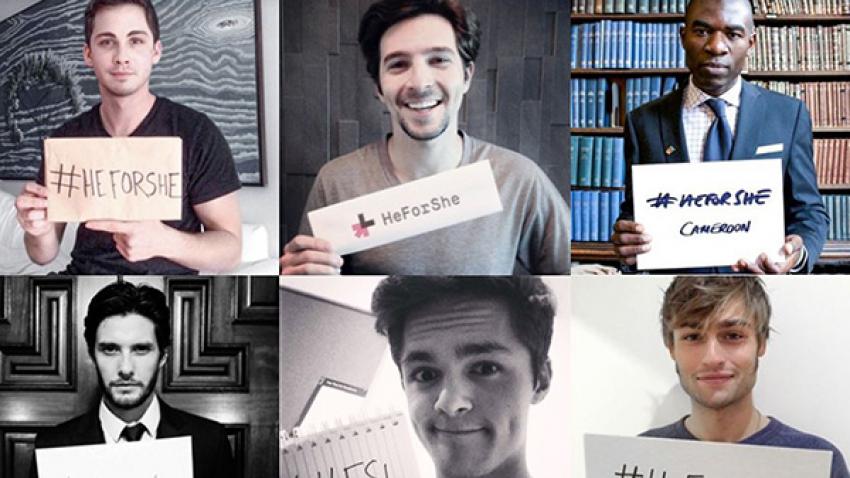 Collage of men hold card show hashtag #HeForShe after taking the HeForShe committment