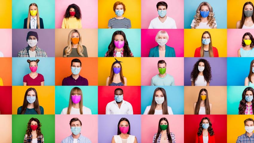Composite photo made of smaller individual squares with people wearing face masks