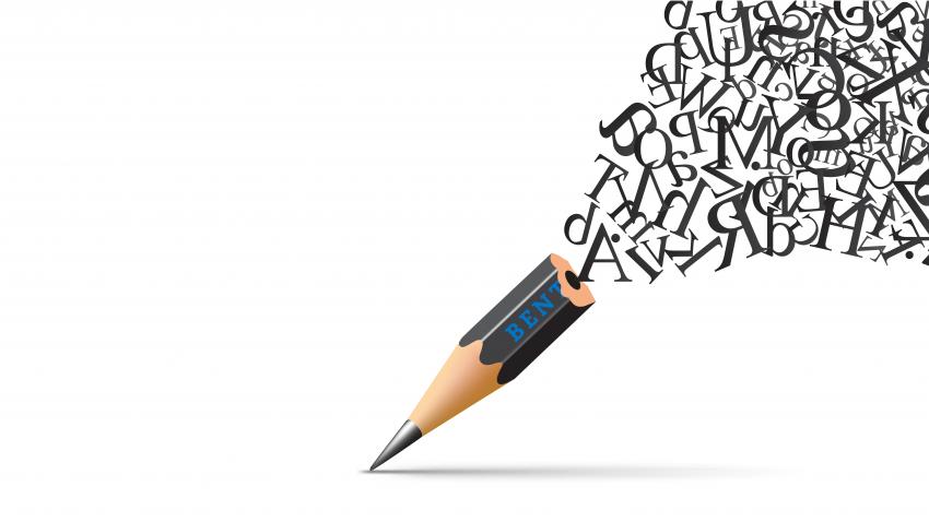Photo illustration of pencil with letters 