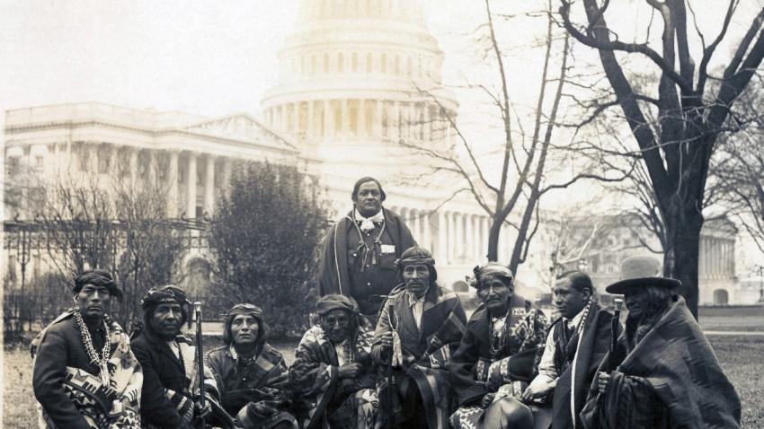 Historical photo of Pueblo delegation in front of the U.S. Capitol Building (1923)