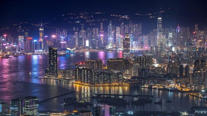 Cityscape of Hong Kong at night.