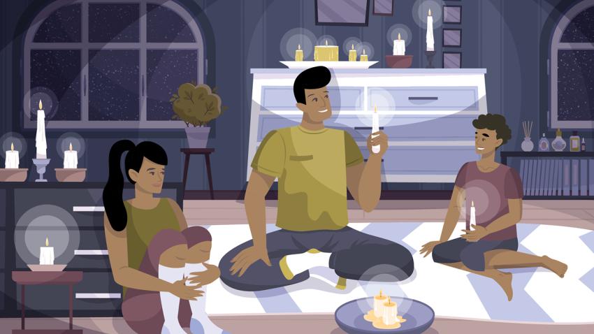 Illustration of three family members in their living room during a power outage, surrounded by lit candles