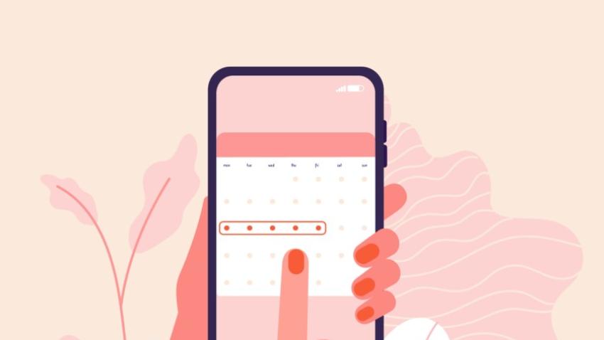 Illustration of a woman's hands holding a smartphone and entering data into a menstrual tracking app.