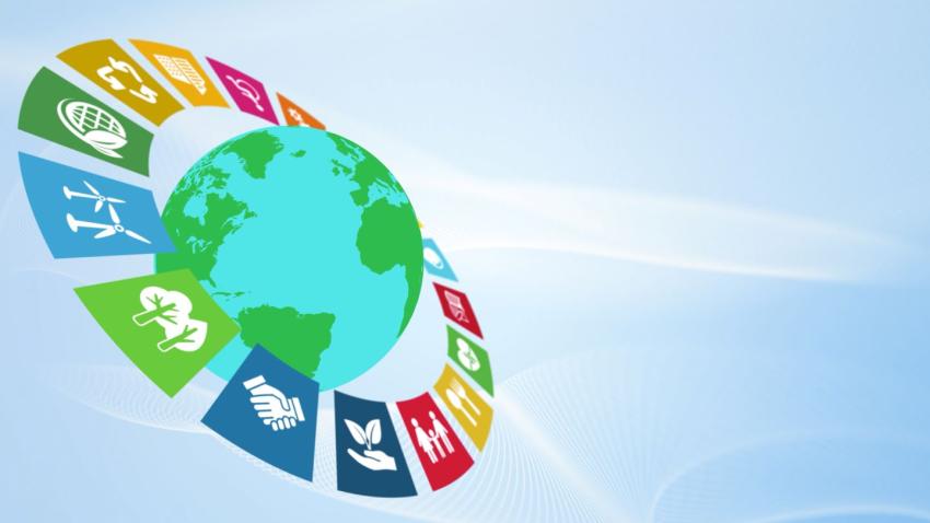 Globe surrounded by sustainability icons