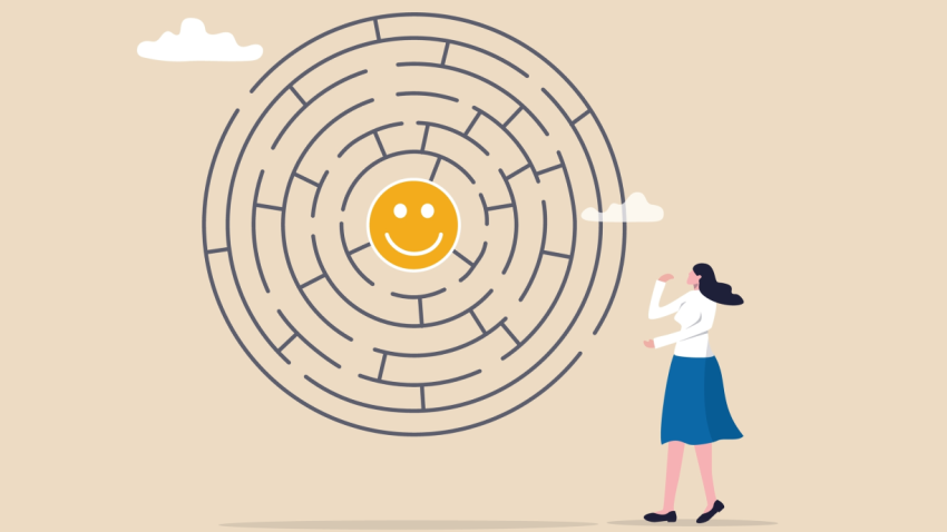 Illustration of a  woman standing before a circular maze with a happy face in its center