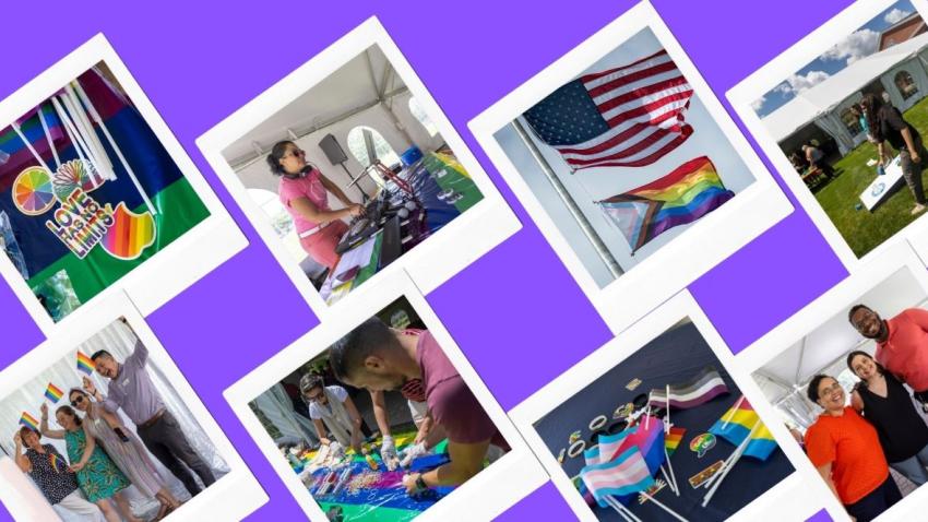 Collage of photos of Pride Block Party with purple background