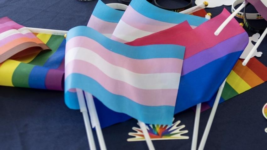 Various pride flags laid out on table