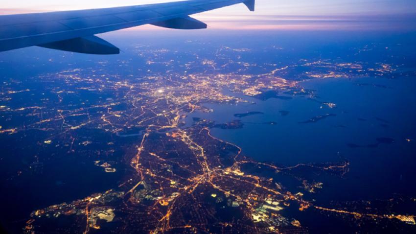 boston skyline in airplane