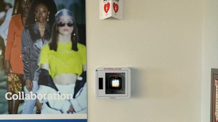 An image of an AED located at the student center