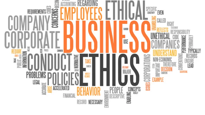 Decorative graphic with ‘business ethics’ in a word cloud.