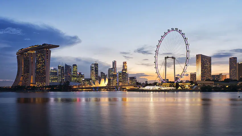 Buildings and a large ferris wheel overlooking the water.