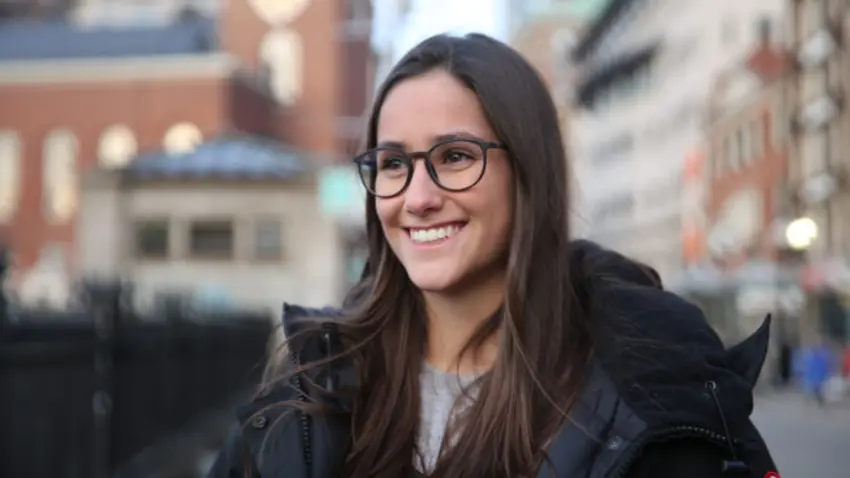Bentley student Nicole Theikuhl smiles outside on Boston's Park Street