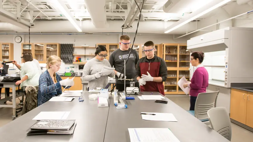 students work in a science lab