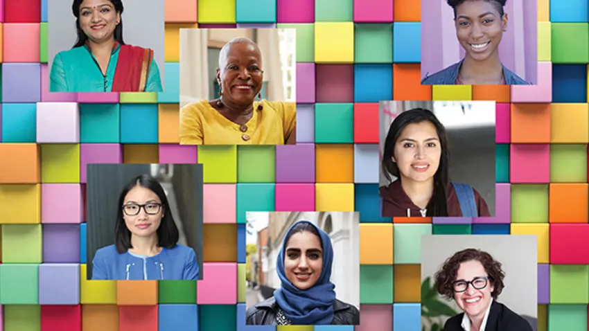 Headshots of diverse women representing the intersection of gender and other identities
