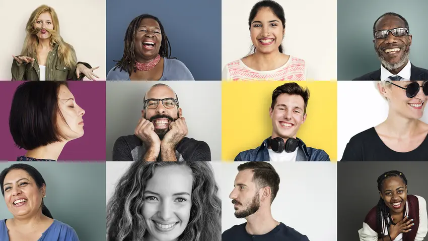 Collage of twelve happy, diverse people with focus on their smiling faces
