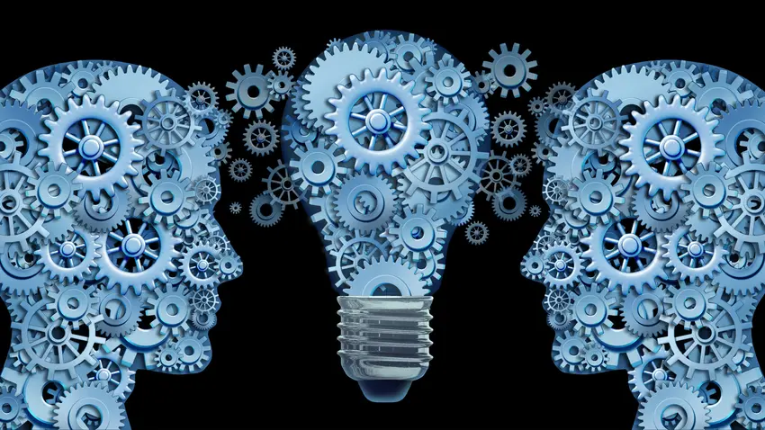 Illustration showing two heads and light bulb made of mechanical gears