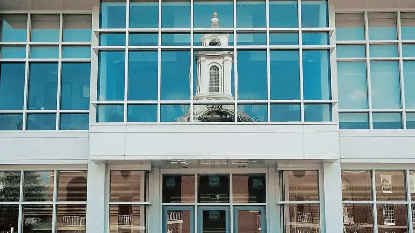 Bentley University reflection in building